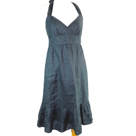 Vintage J. Crew 100% Linen Halter Top Dress Ruffled lined - Picture 2 of 7